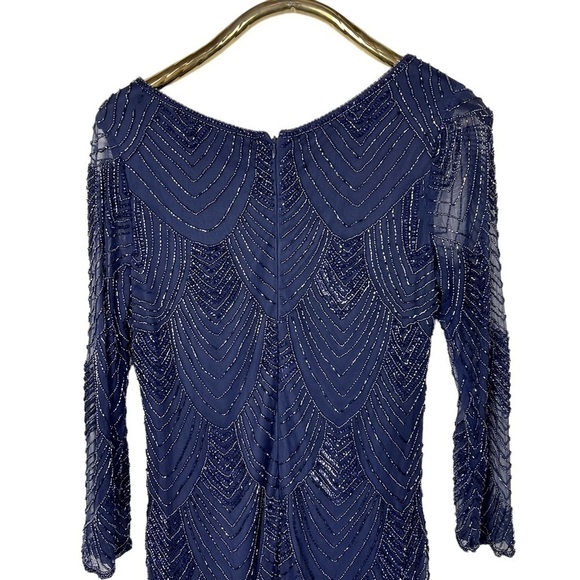 PISARRO NIGHTS BLUE ART DECO SCALLOP BEADED SHEER SLEEVE COCKTAIL SHEATH DRESS - Picture 9 of 16